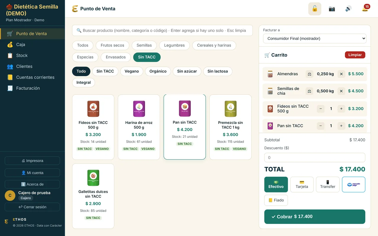 Pantalla de Plan Mostrador en una dietética de demo, con el filtro Sin TACC activo y almendras por kilo en el carrito
