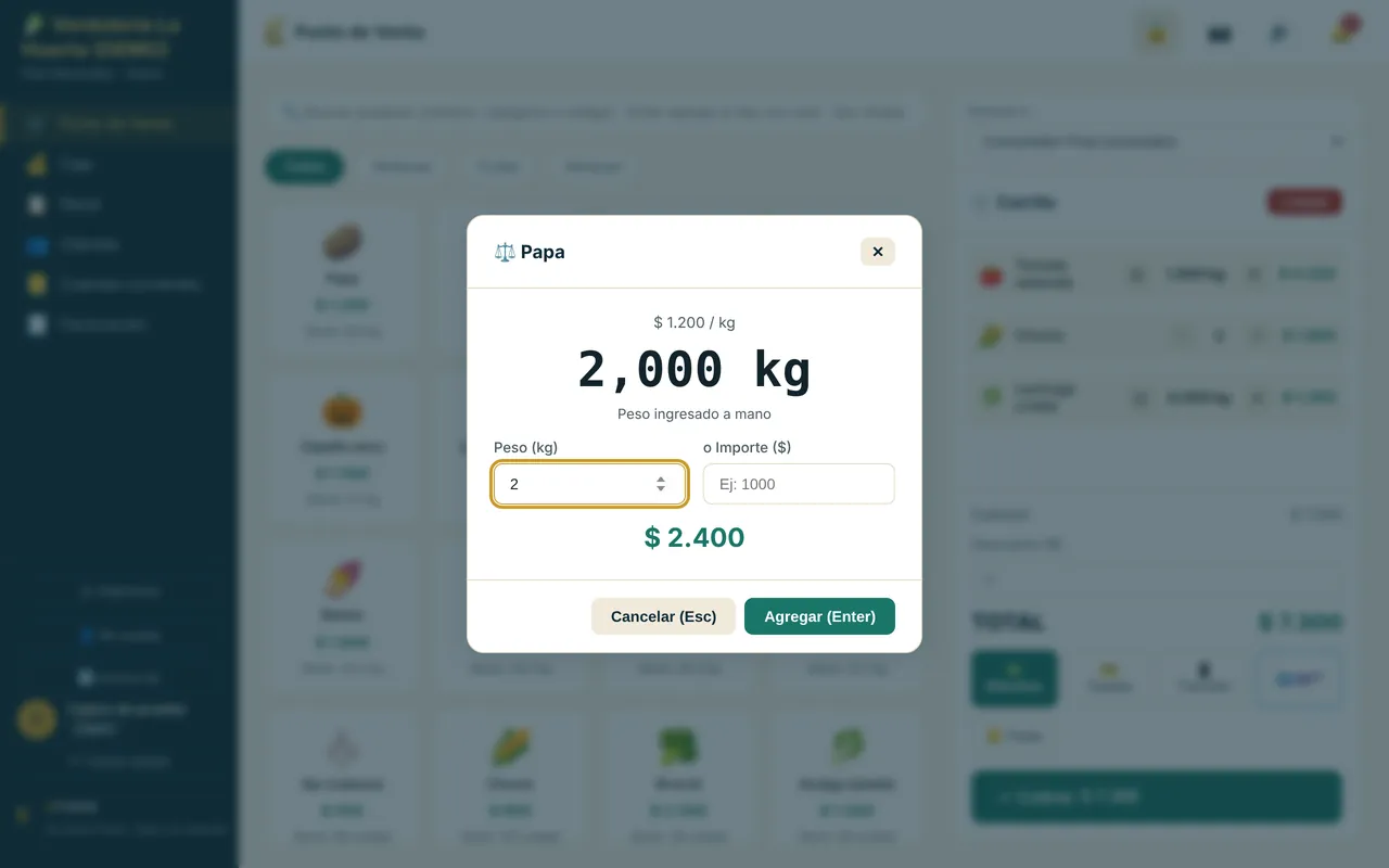 Pantalla de Plan Mostrador en una verdulería de demo, cargando 2 kg de papa a mano